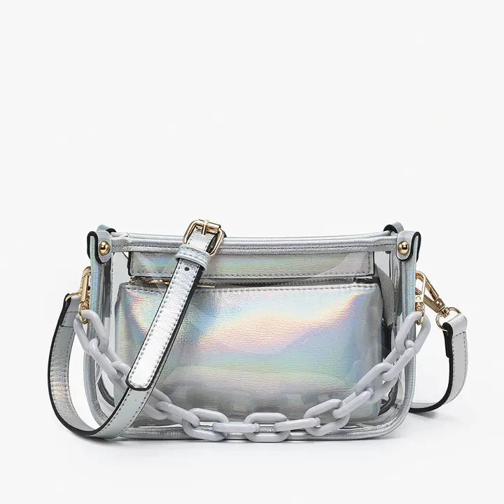 HOLOGRAPHIC JESSICA CLEAR CROSSBODY PURSE WITH STRAP &amp; CHAIN