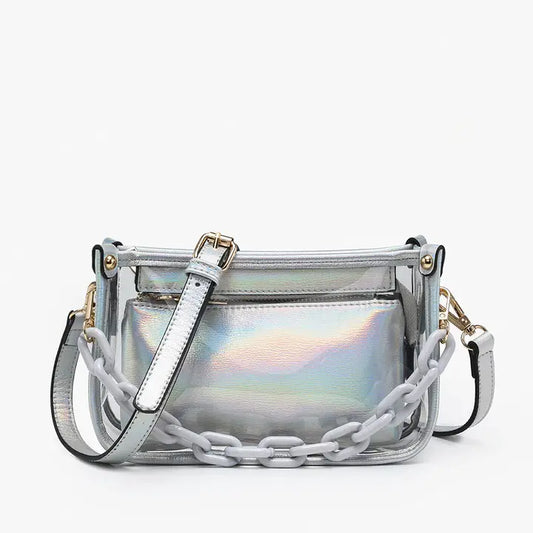 HOLOGRAPHIC JESSICA CLEAR CROSSBODY PURSE WITH STRAP & CHAIN
