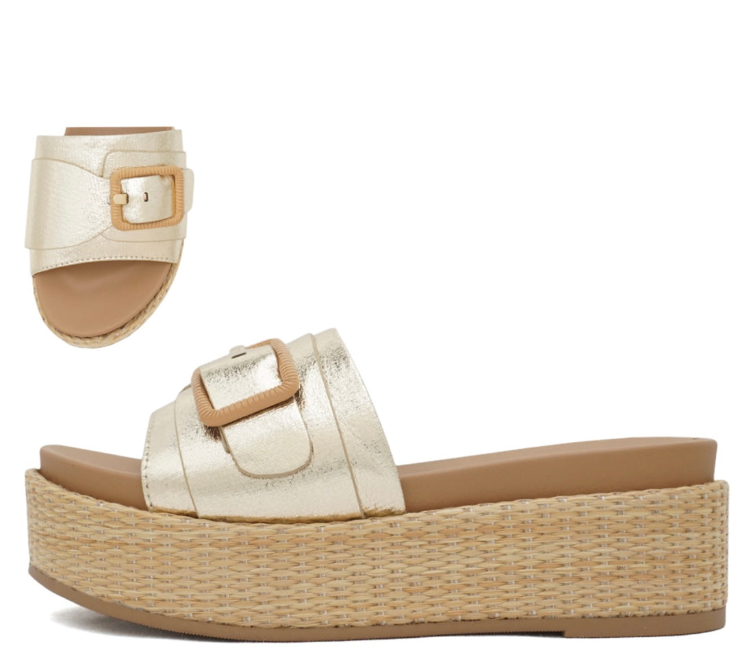 METALLIC GOLD STRAP WOVEN RAFFIA PLATFORM LULAH SANDAL