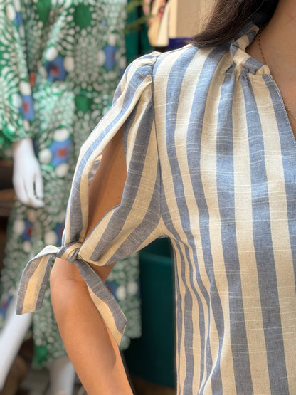 BLUE/CREAM STRIPED VNECK SHORT TIE SLEEVE TOP