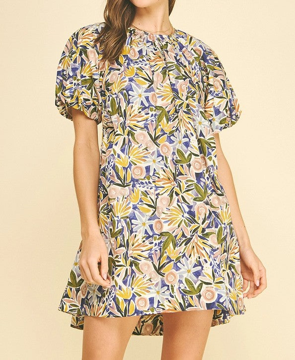 PURPLE MULTI FLORAL PRINT TUNIC SHORT BALLOON SLEEVE MINI DRESS