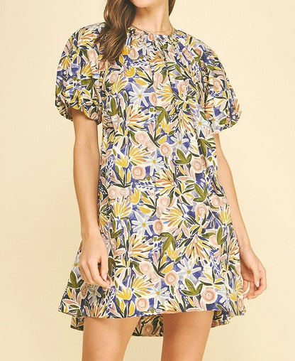 PURPLE MULTI FLORAL PRINT TUNIC SHORT BALLOON SLEEVE MINI DRESS