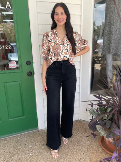 BEIGE/BLACK PAISLEY PRINT PUFF SLEEVE BUTTON UP TOP