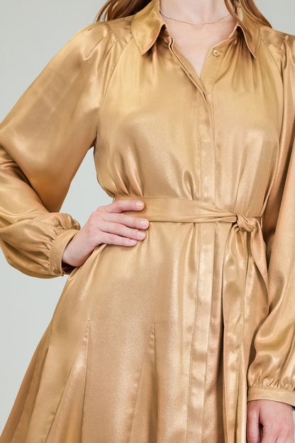 SHINY GOLD LONG SLEEVE GORE SKIRT MINI DRESS