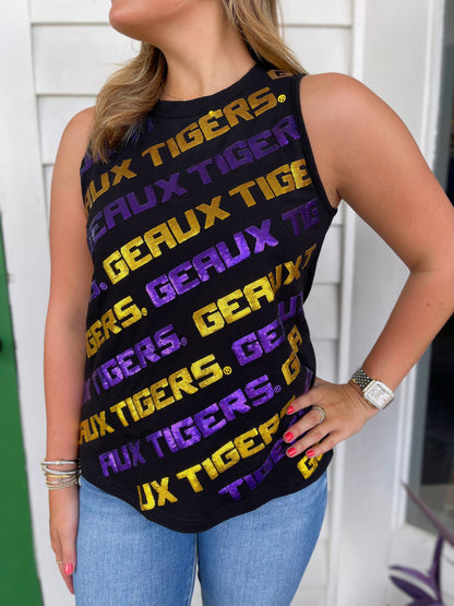 BLACK LSU &quot;GEAUX TIGERS&quot; VARSITY BLOCK LETTER SEQUIN TEE