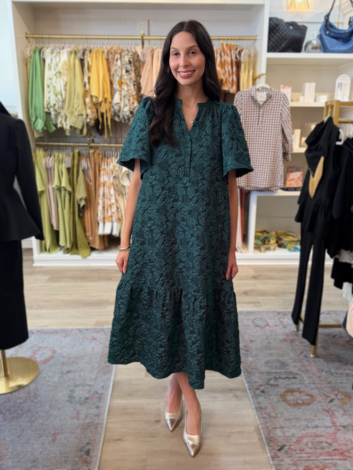 EMERALD JACQUARD FLORAL PRINT SHORT SLEEVE MIDI DRESS