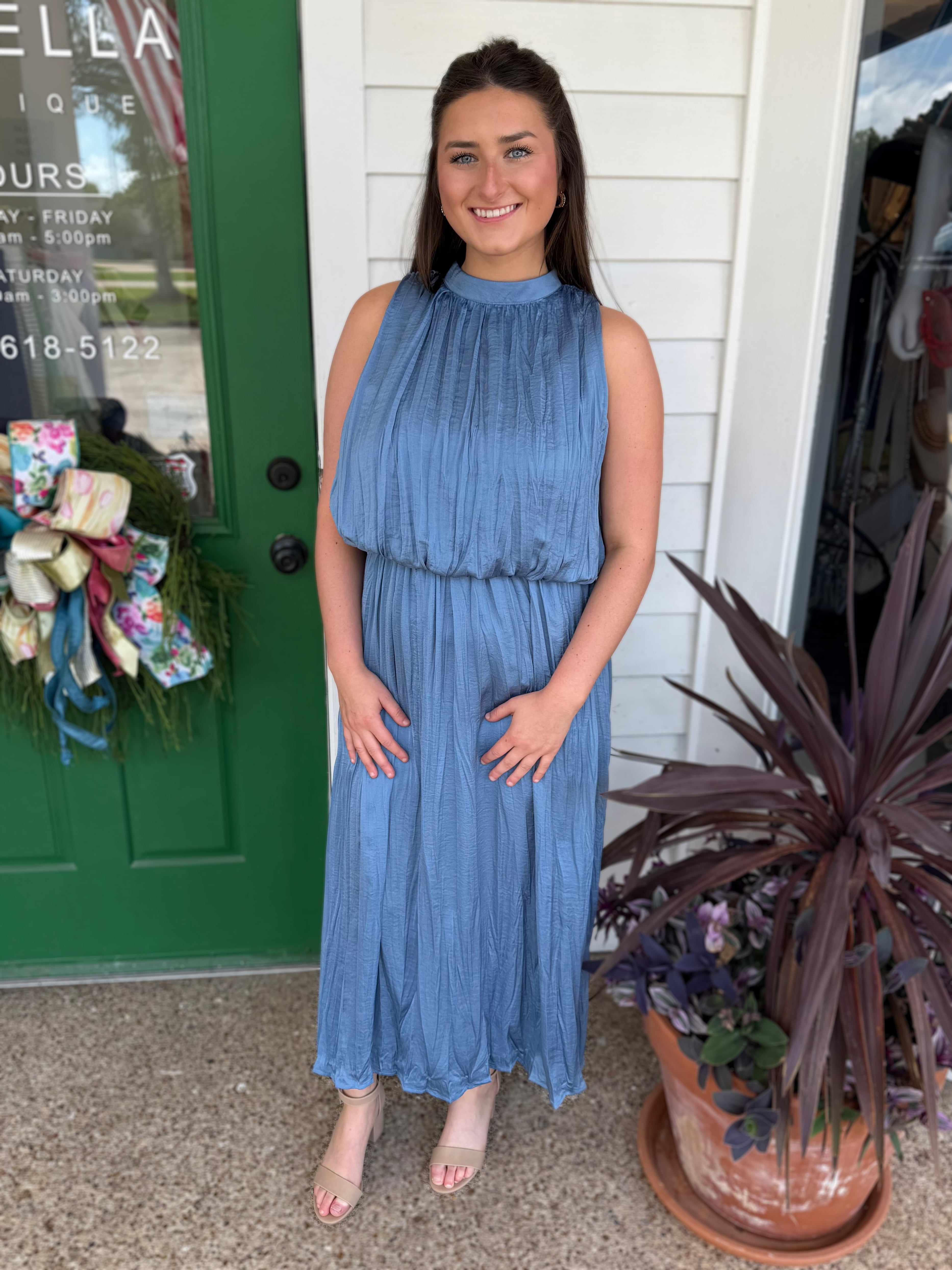 SLATE PLEATED SLEEVELESS SOFT MIDI DRESS