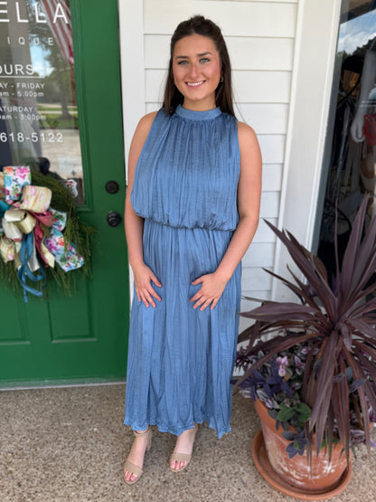 SLATE PLEATED SLEEVELESS SOFT MIDI DRESS