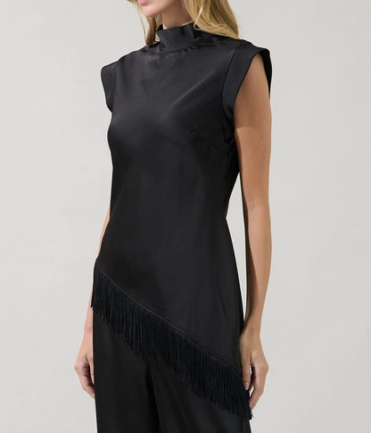 BLACK MOCK NECK ASYMMETIRCAL FRINGE TRIM TOP