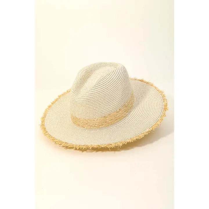 IVORY STRAW BRAIDED FRINGE FEDORA SUN HAT