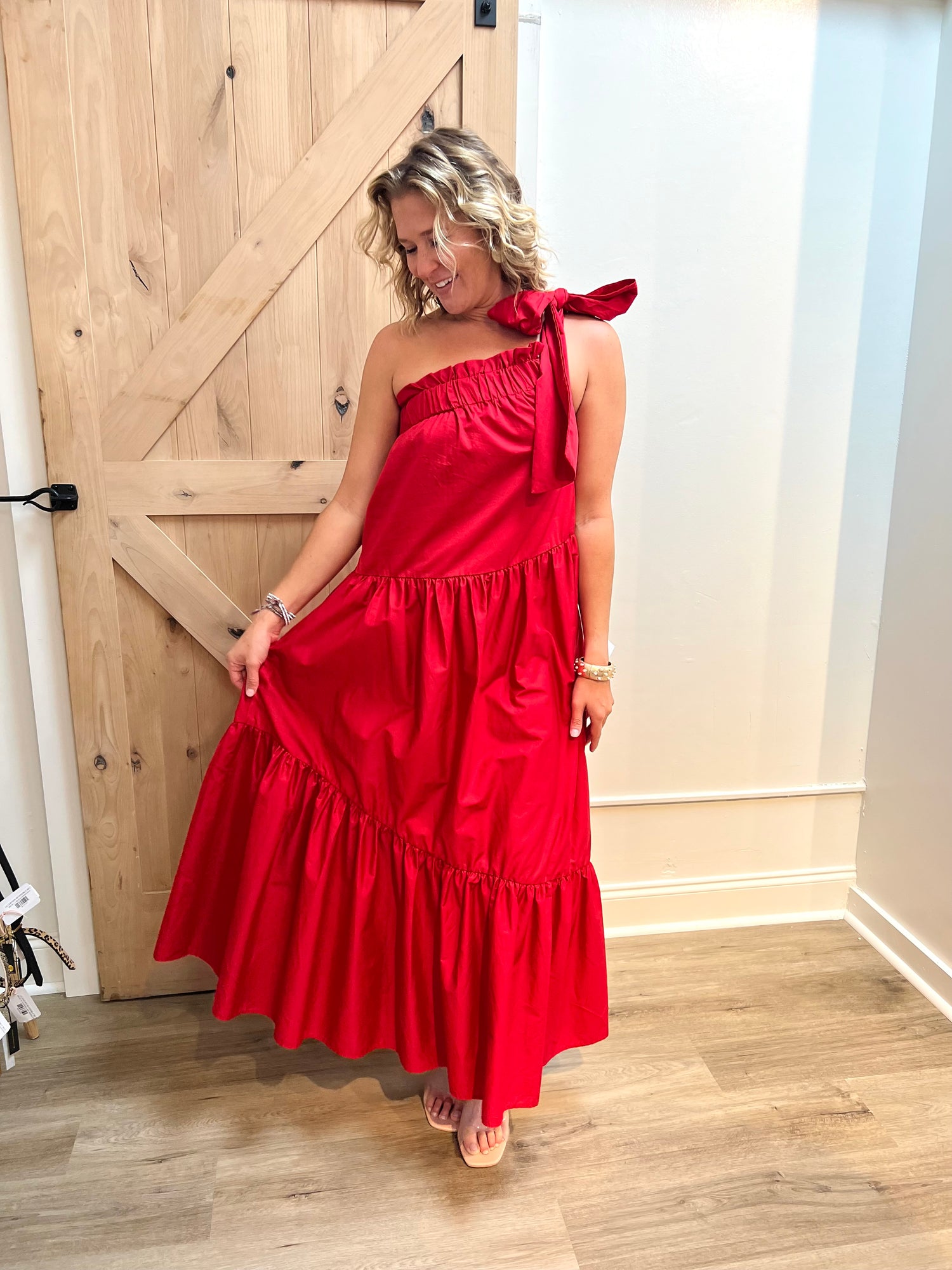 RED ONE SHOULDER RUFFLE POPLIN MAXI DRESS