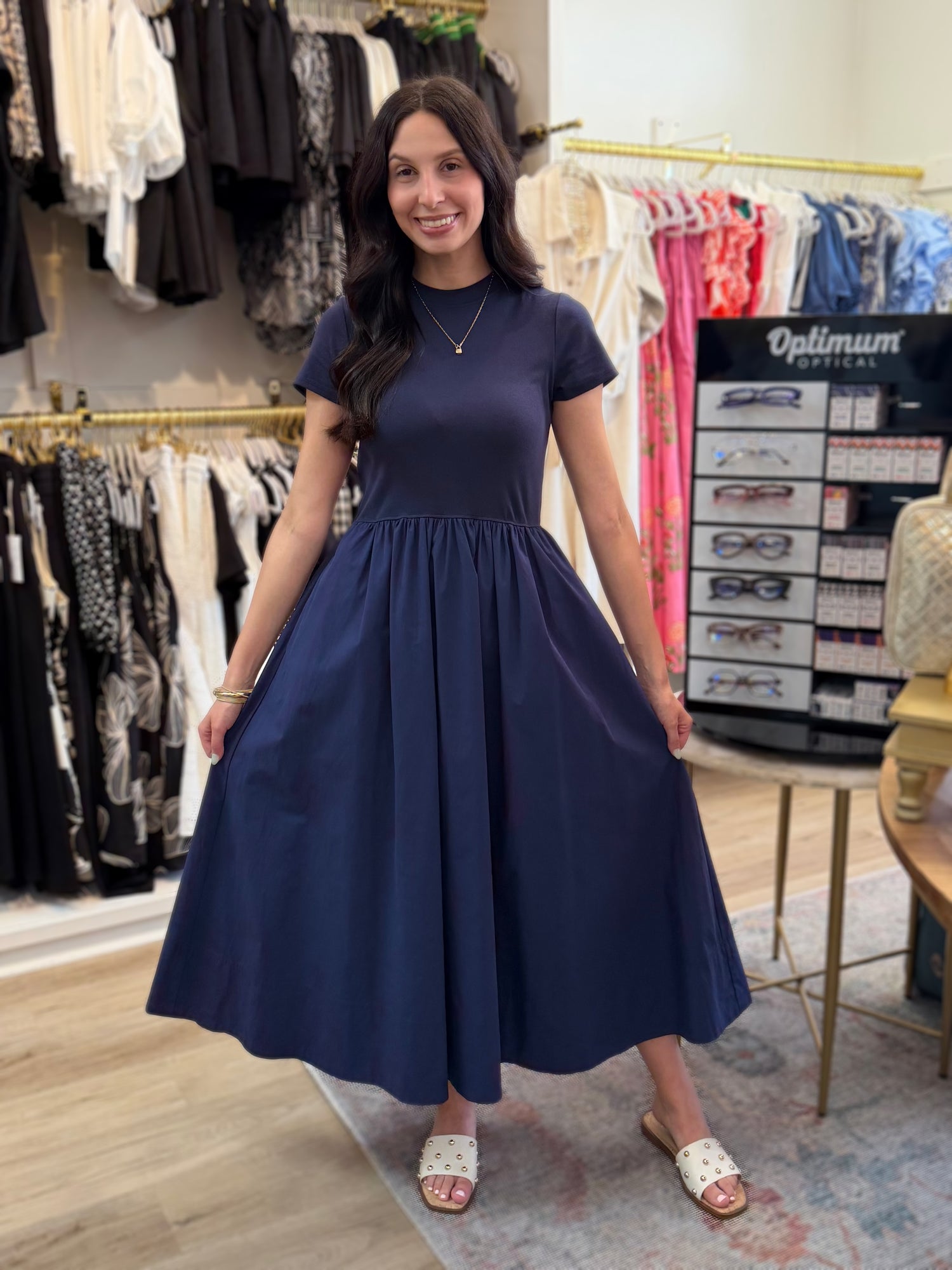 NAVY COTTON SHORT SLEEVE MIXED MEDIA ARIA MIDI DRESS