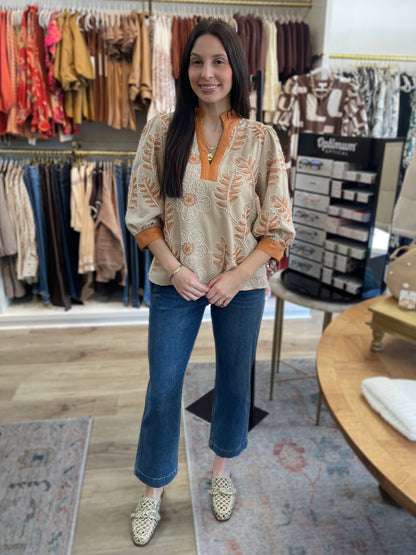ORANGE/BEIGE EMBROIDERED FLORAL PRINT WITH CONTRAST DETAIL 3/4 SLEEVE TOP