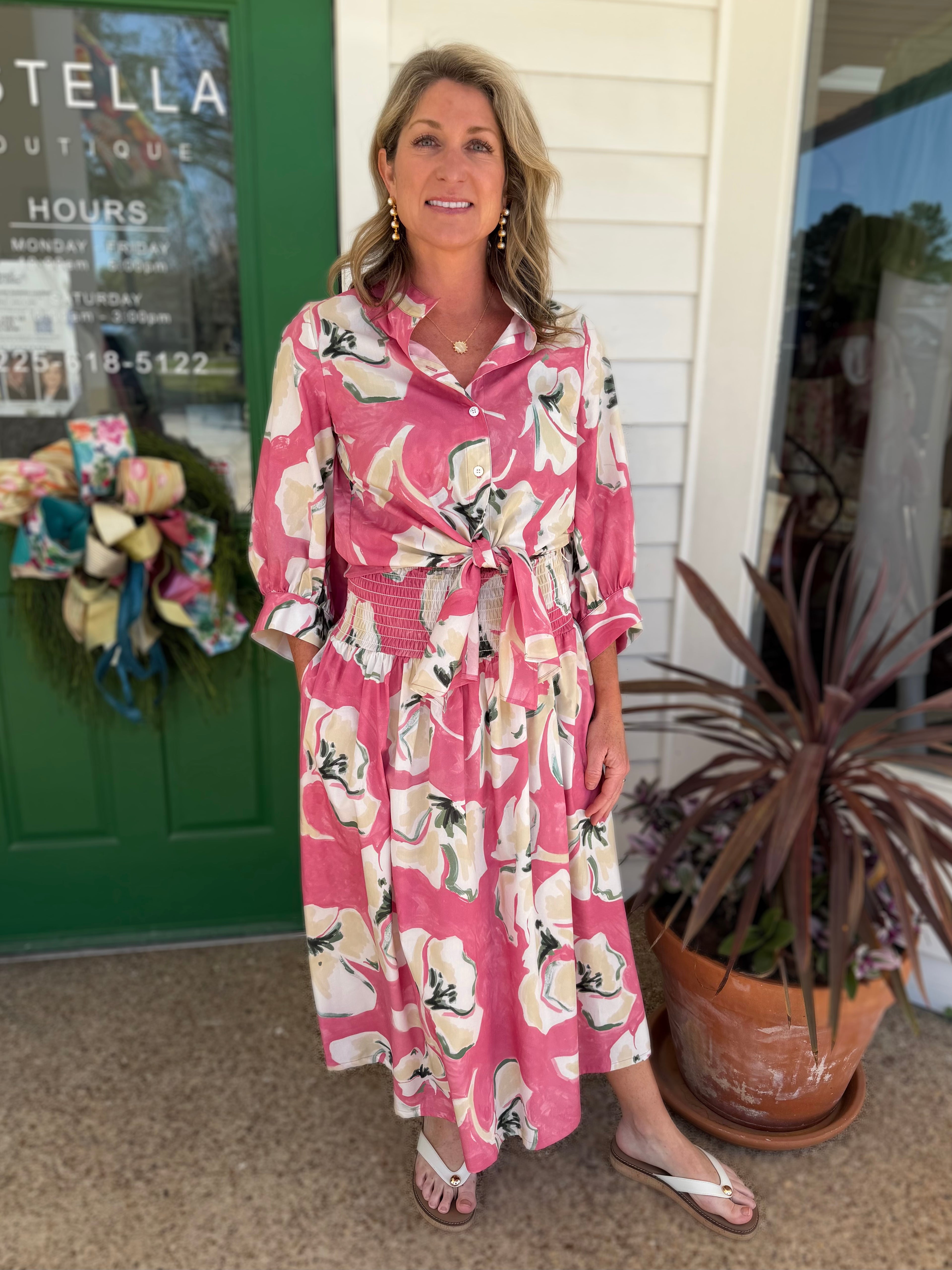 PEONY PINK FLORAL PRINT SMOCKED WAIST RHEA MIDI SKIRT