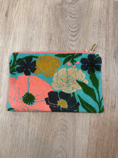 BLUE BLOOMS TUFTED WOOL &amp; VELVET POUCH
