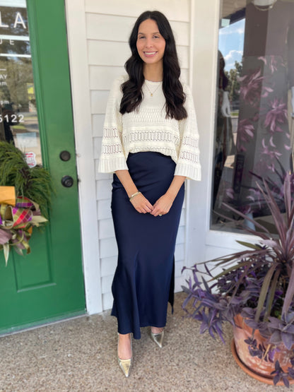 NAVY SATIN SIDE-SLIT MIDI SKIRT