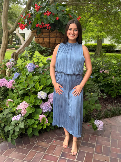 SLATE PLEATED SLEEVELESS SOFT MIDI DRESS