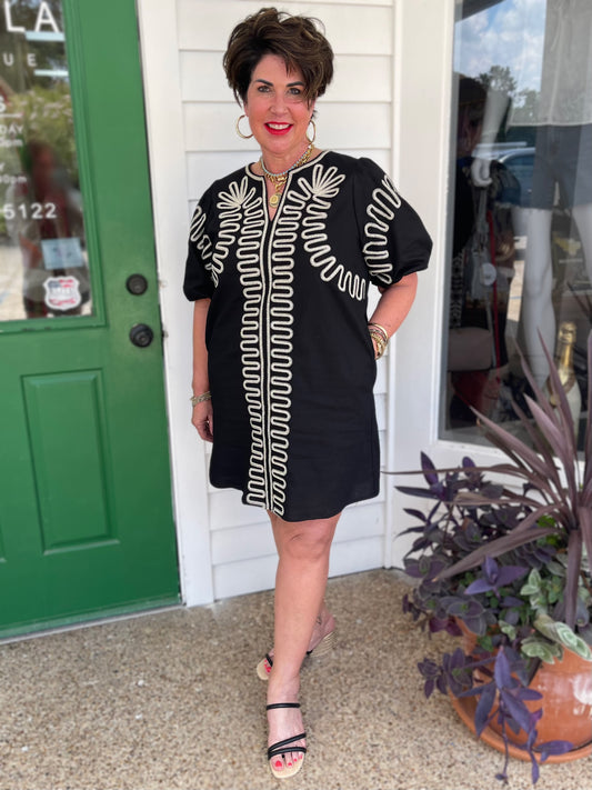 BLACK EMBROIDERED PUFF SLEEVE MINI DRESS