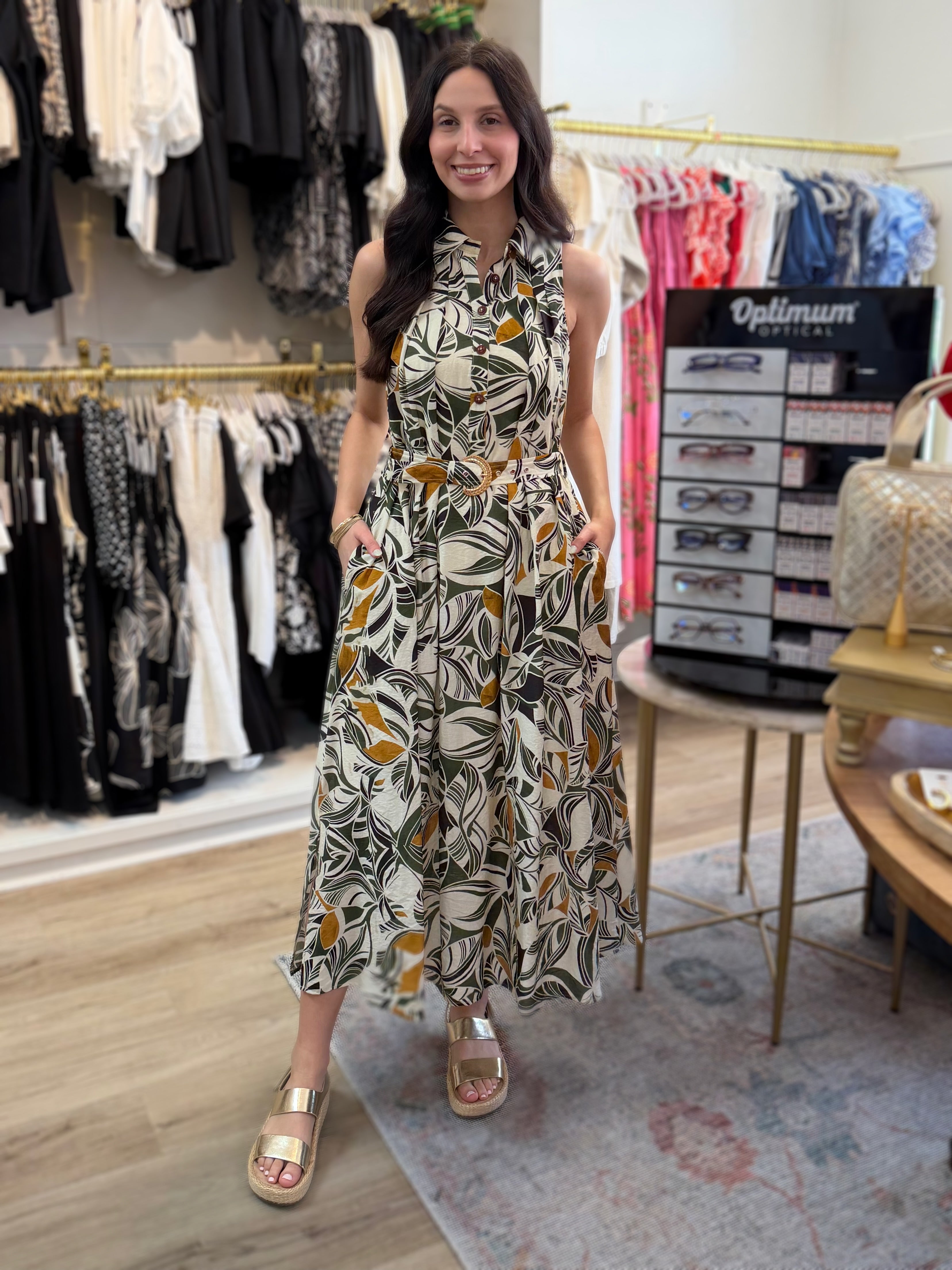 CREAM MULTI ABSTRACT LEAF PRINT HALTER SHIRT HATTIE MAXI DRESS