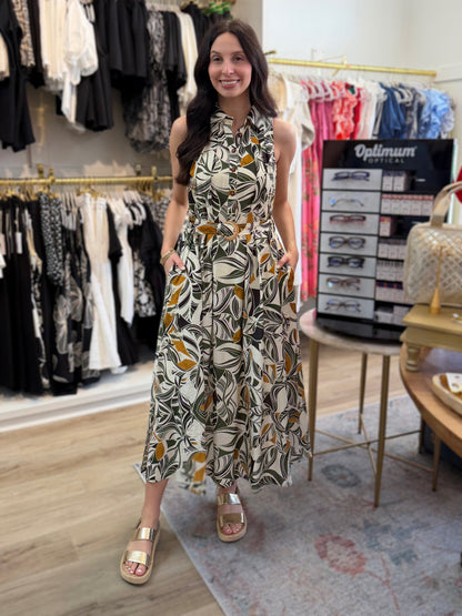 CREAM MULTI ABSTRACT LEAF PRINT HALTER SHIRT HATTIE MAXI DRESS
