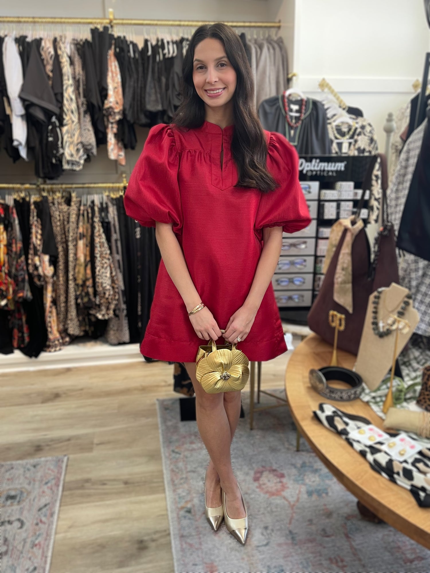 RED METALLIC MANDARIN COLLAR VNECK PUFF SLEEVE MINI DRESS