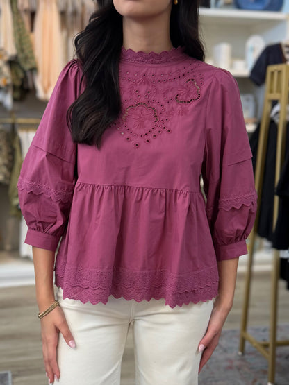 ROSEWOOD EYELET DETAIL HIGH NECK SHORT BALLOON SLEEVE TOP