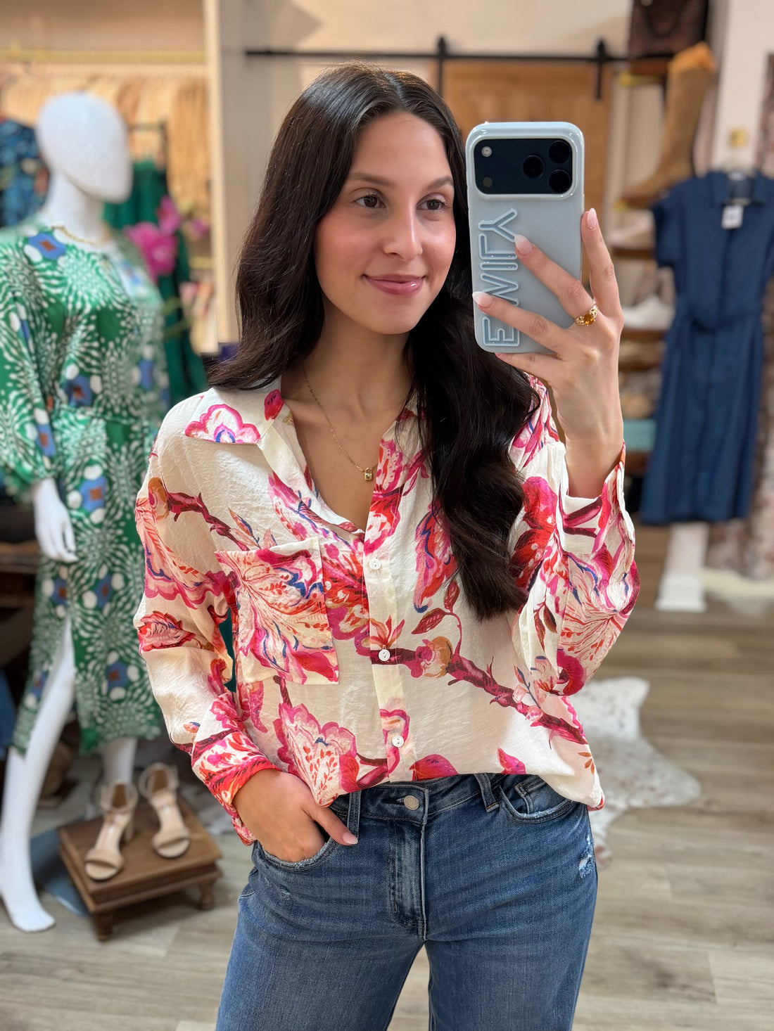 PINK MULTI FLORAL PRINT LONG SLEEVE BUTTON UP TOP