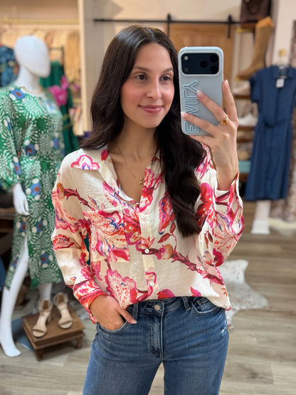 PINK MULTI FLORAL PRINT LONG SLEEVE BUTTON UP TOP