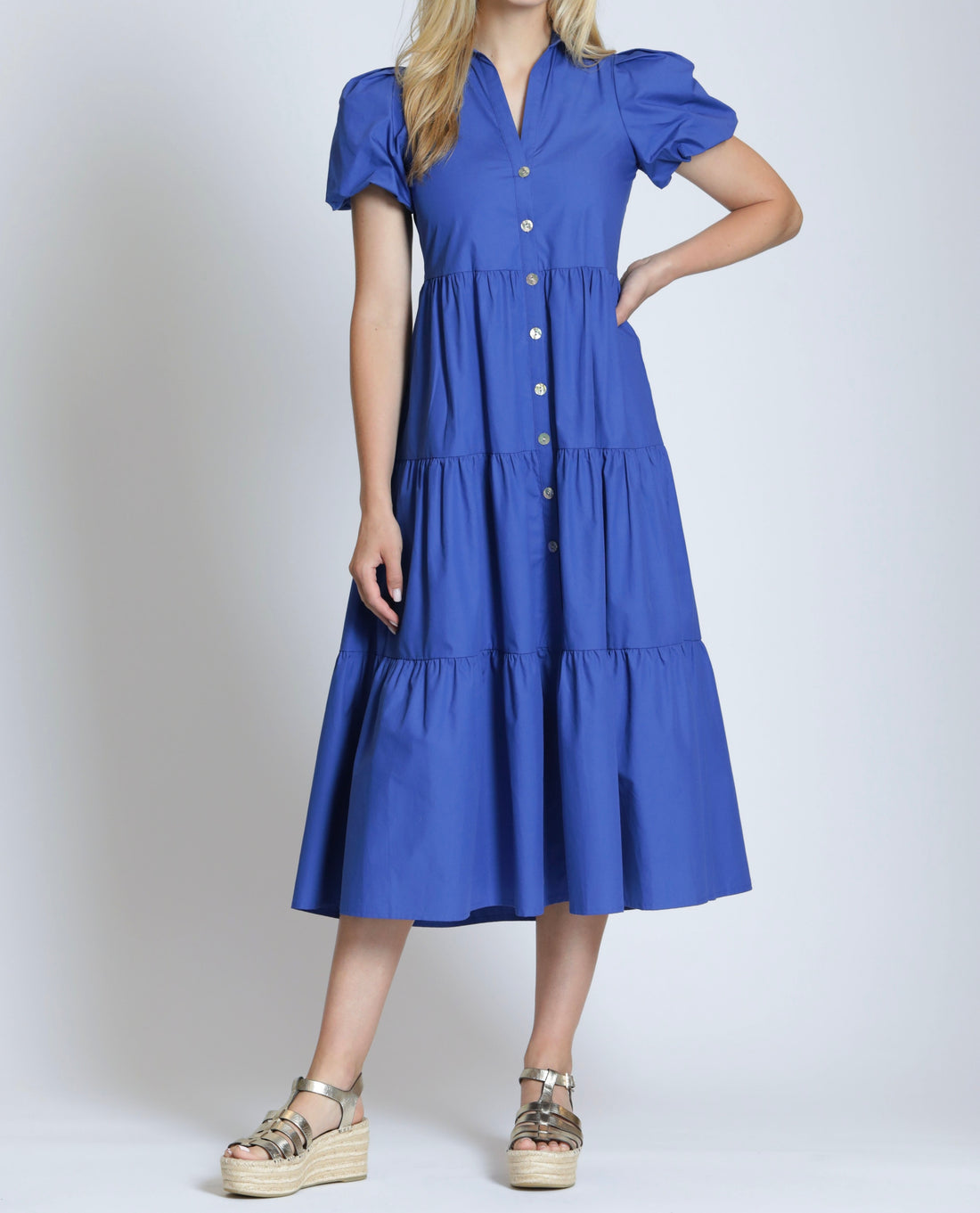 DAZZLING BLUE SHORT PUFF SLEEVE TIERED MAXI DRESS