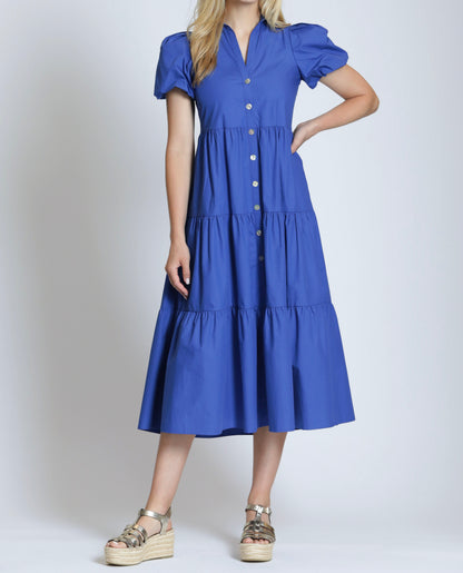 DAZZLING BLUE SHORT PUFF SLEEVE TIERED MAXI DRESS