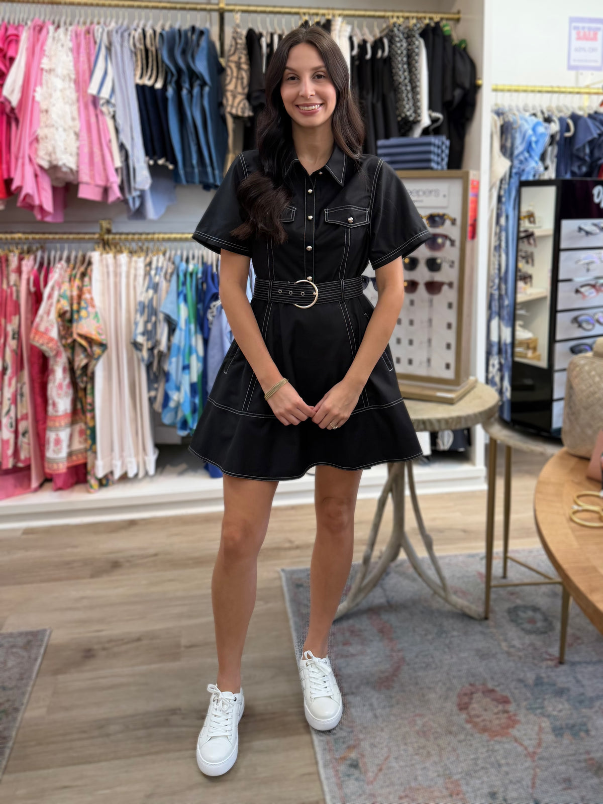 BLACK CONTRAST STITCH SHORT SLEEVE BELTED UTILITY SHIRT MINI DRESS