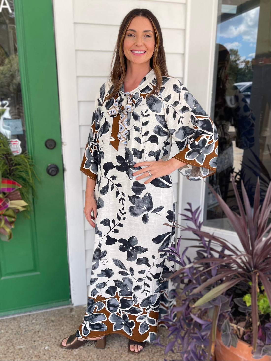 CHARCOAL MIX LEAF PRINT BOW NECK COLLAR LOUNGE MAXI DRESS