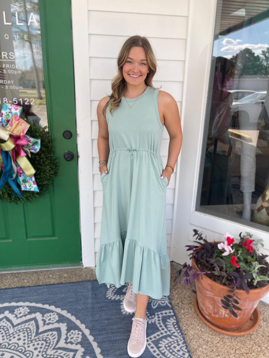 LIGHT SEAFOAM TIERED FRENCH TERRY DRAWCORD WAIST MIDI DRESS
