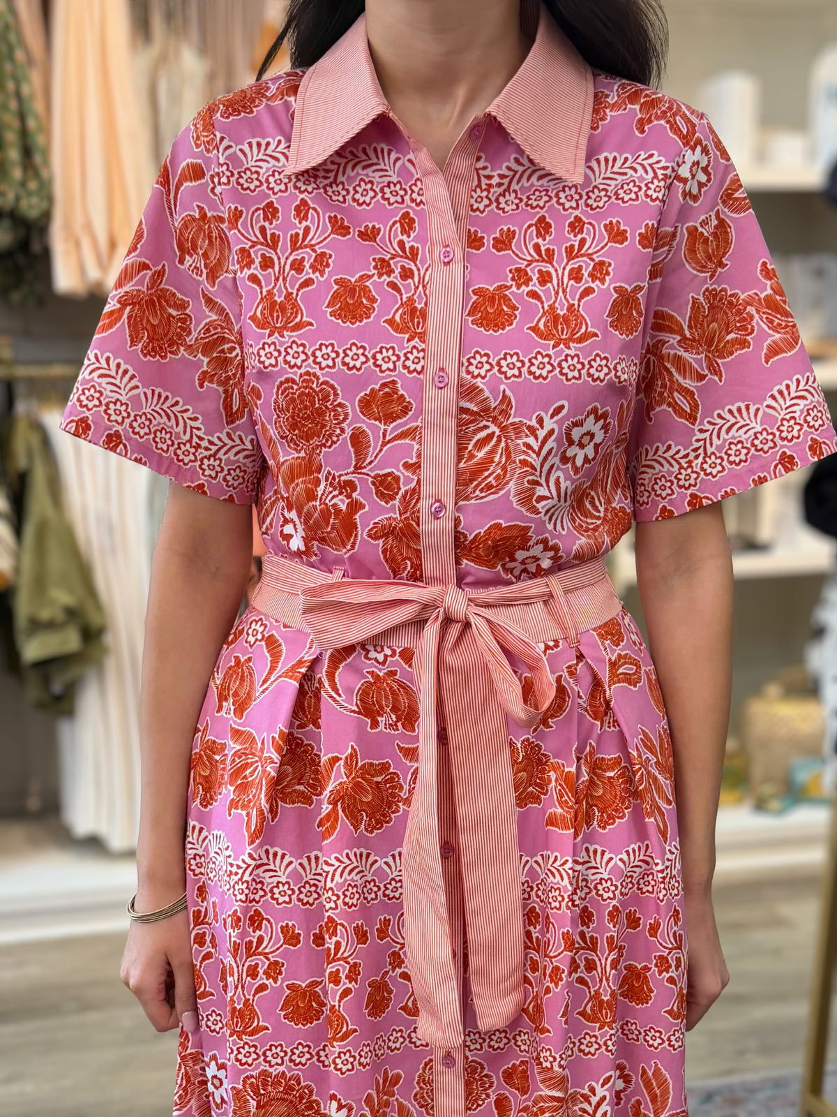 PINK/ORANGE BOTANICAL PRINT W/ STRIPE CONTRAST SHORT SLEEVE BUTTON UP SHIRT MIDI DRESS