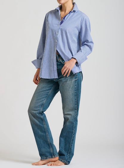 NAVY STRIPE ELODIE TRIM LONG SLEEVE BUTTON UP GIRLFRIEND RELAXED TOP