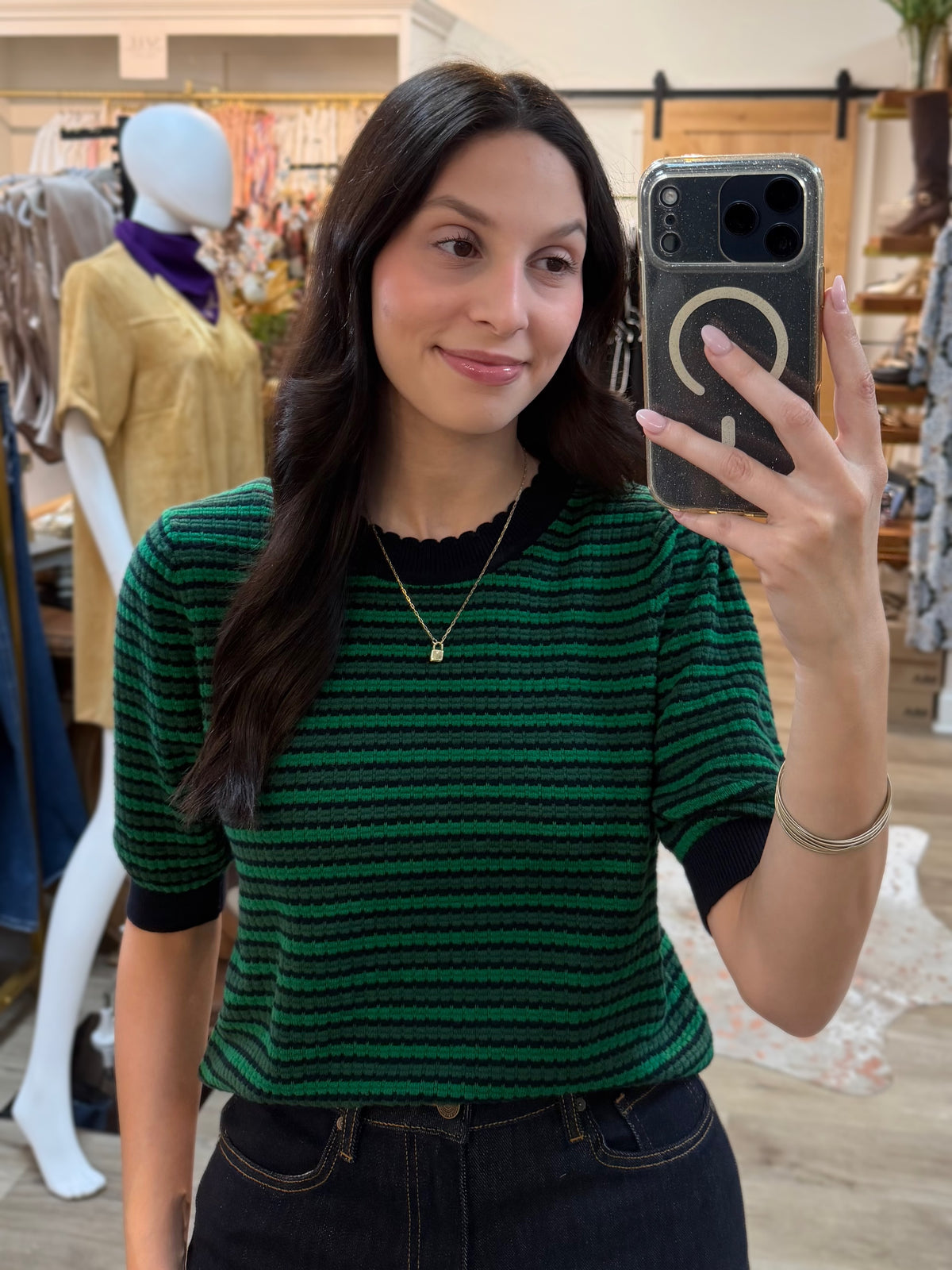 NAVY/GREEN STRIPE CONTRAST DETAIL SHORT PUFF SLEEVE SWEATER
