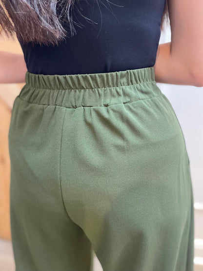 DARK OLIVE STRETCHY HIGH WAIST CREPE WIDE LEG PANTS