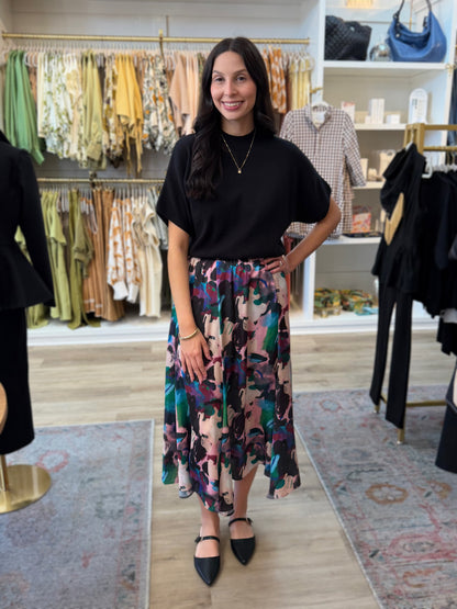 MUTLI COLOR ABSTRACT PRINT ELASTIC WAIST FLOWY MIDI SKIRT