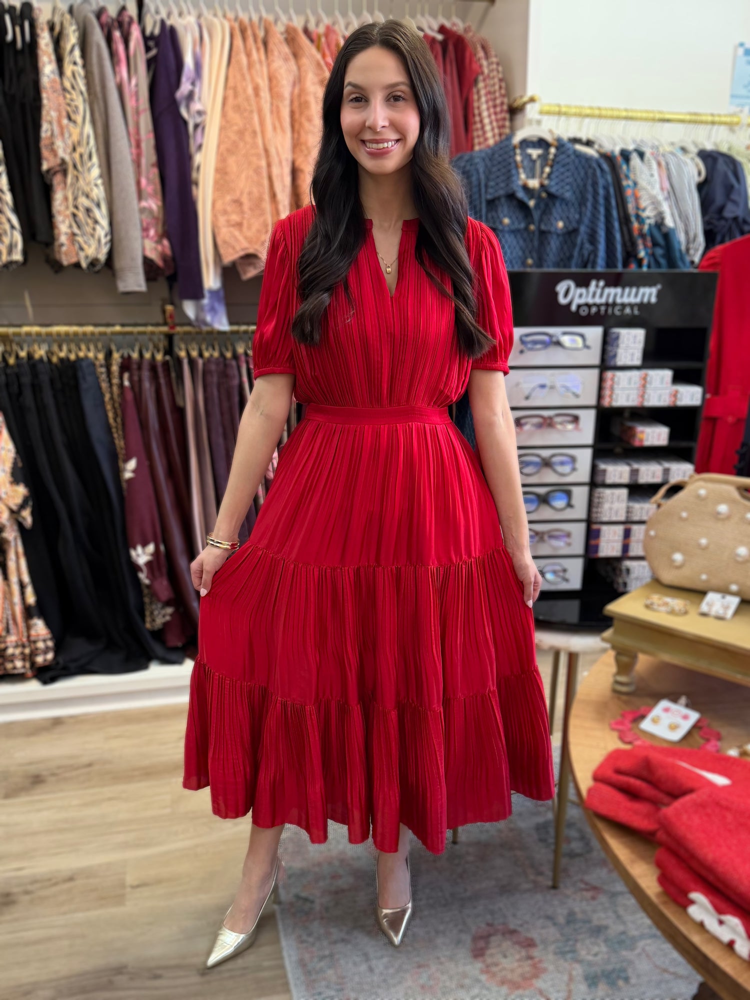 RED PLEATED SPLIT NECK SHORT PUFF SLEEVE TIERED MAXI DRESS
