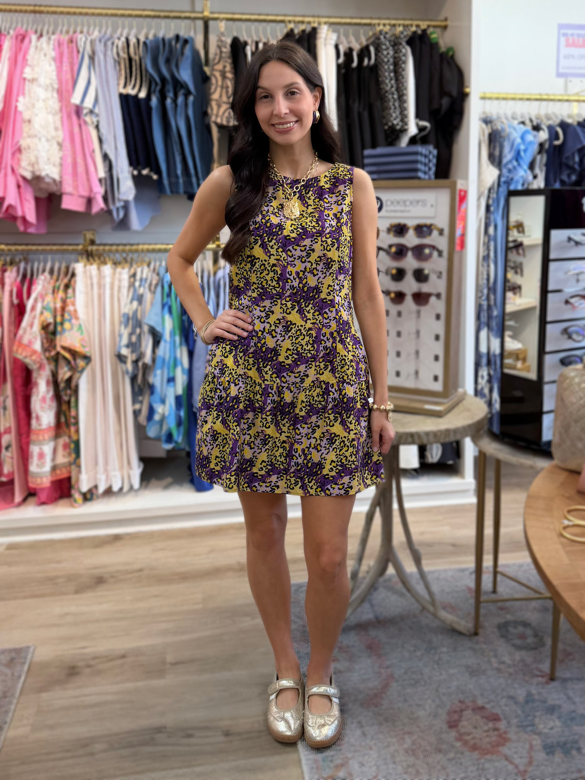 PURPLE &amp; GOLD TIGER PRINT HOMECOMING DROPWAIST MINI DRESS