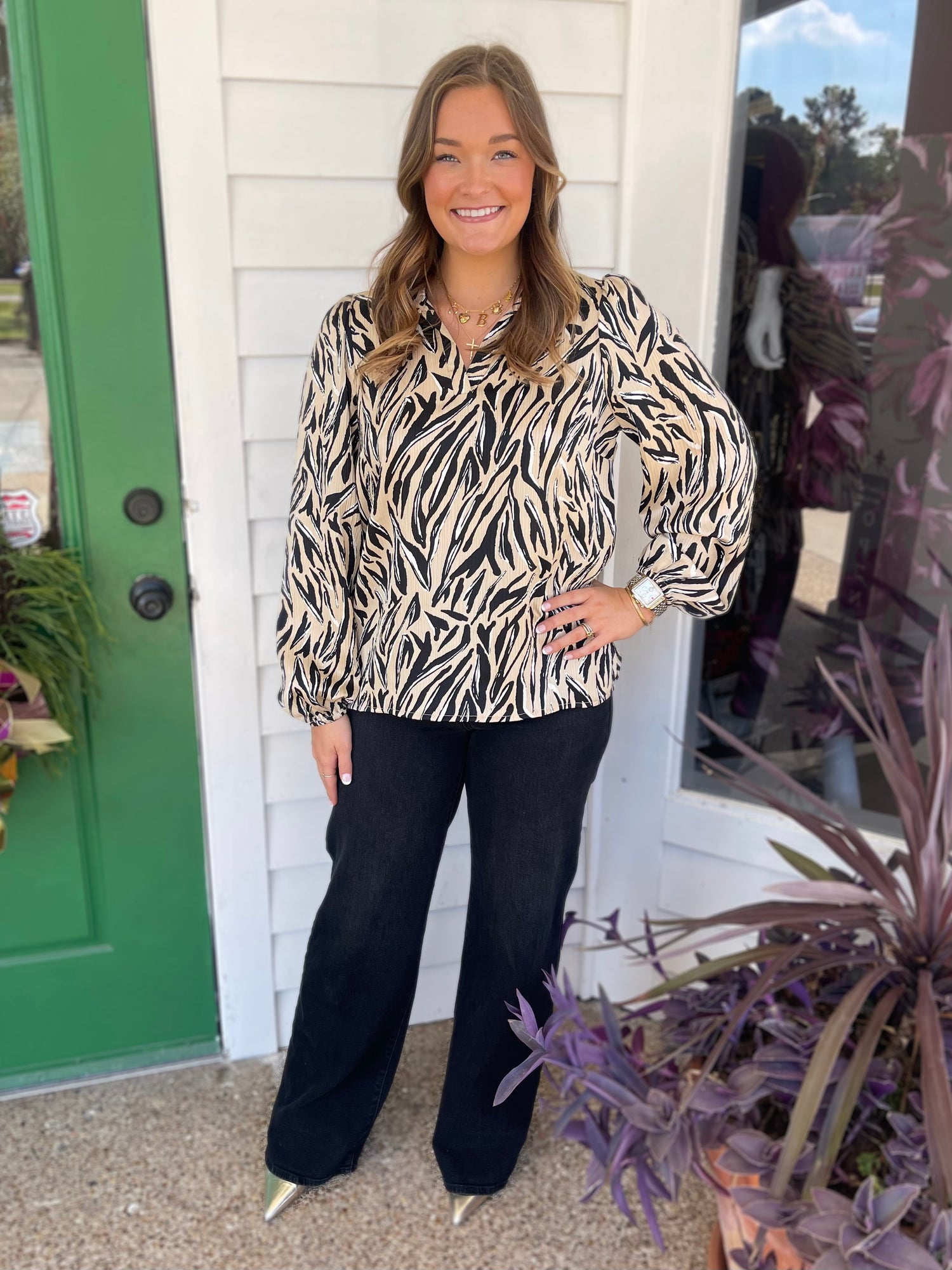 TAN/BLACK PRINTED LONG SLEEVE KAYLA TEXTURED TOP