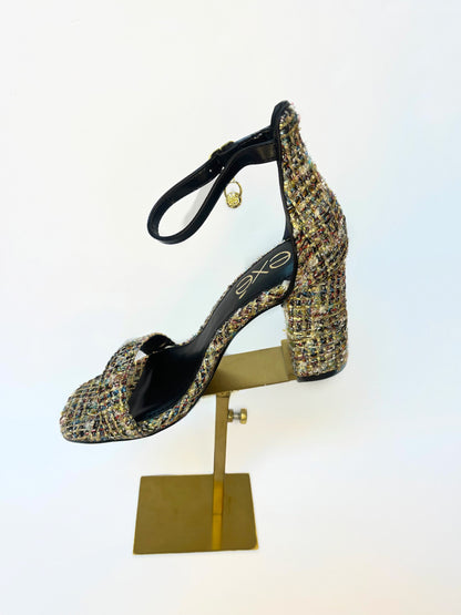 BLACK MULTICOLOR TWEED SANDAL BLOCK HEEL