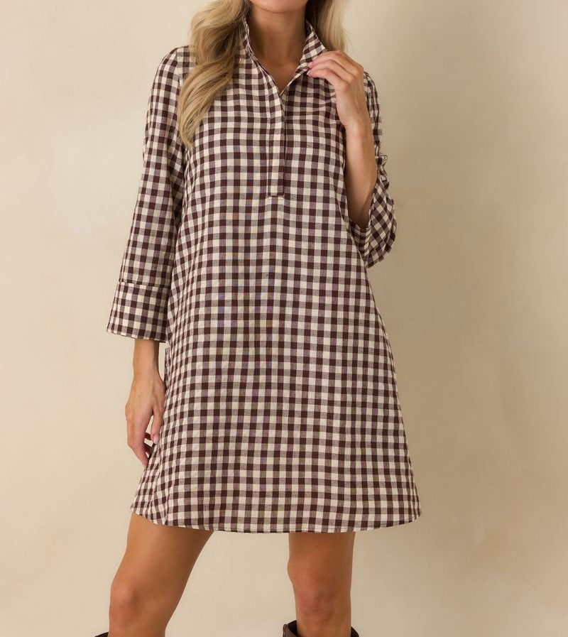 BROWN GINGHAM 3/4 SLEEVE SAVOY SHIFT MINI DRESS