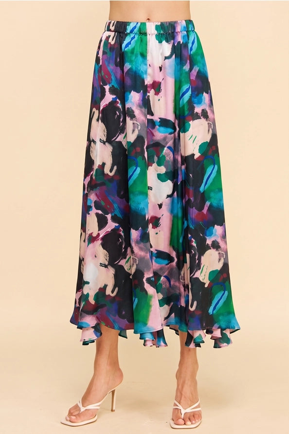 MUTLI COLOR ABSTRACT PRINT ELASTIC WAIST FLOWY MIDI SKIRT
