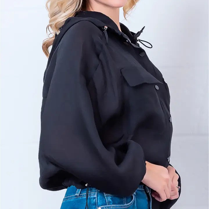 BLACK LIGHT WEIGHT HOODED SNAP-BUTTON UP JACKET