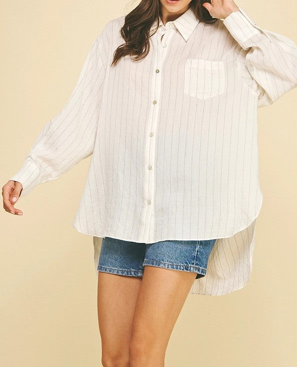 IVORY STRIPED HIGH-LOW BUTTON UP LONG SLEEVE TOP