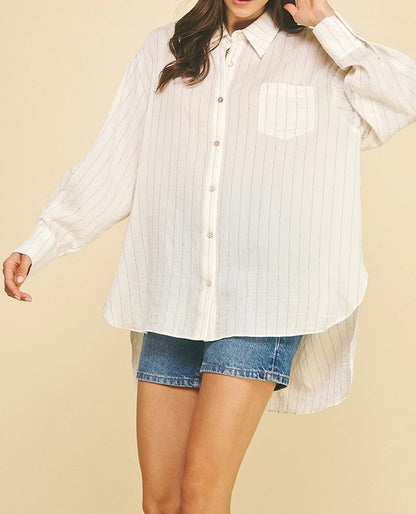 IVORY STRIPED HIGH-LOW BUTTON UP LONG SLEEVE TOP