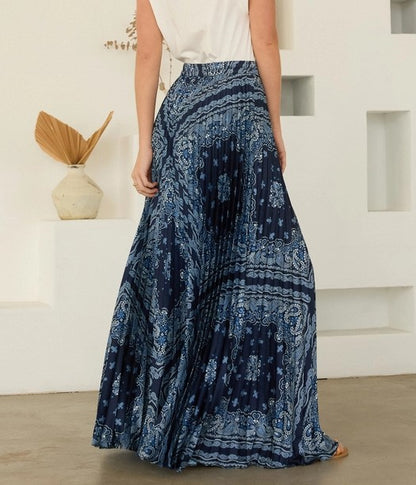 NAVY BANDANA PAISLEY PRINT PLEATED MAXI SKIRT