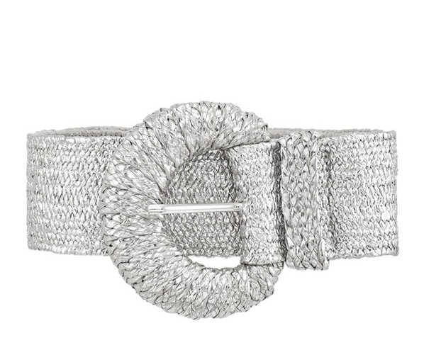 SILVER METALLIC STRAW HALF CIRCLE BUCKLE BELT