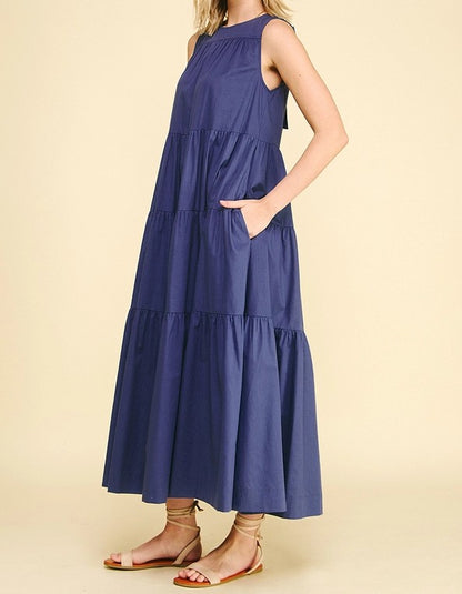 NAVY POPLIN TIERED A-LINE SLEEVELESS MAXI DRESS